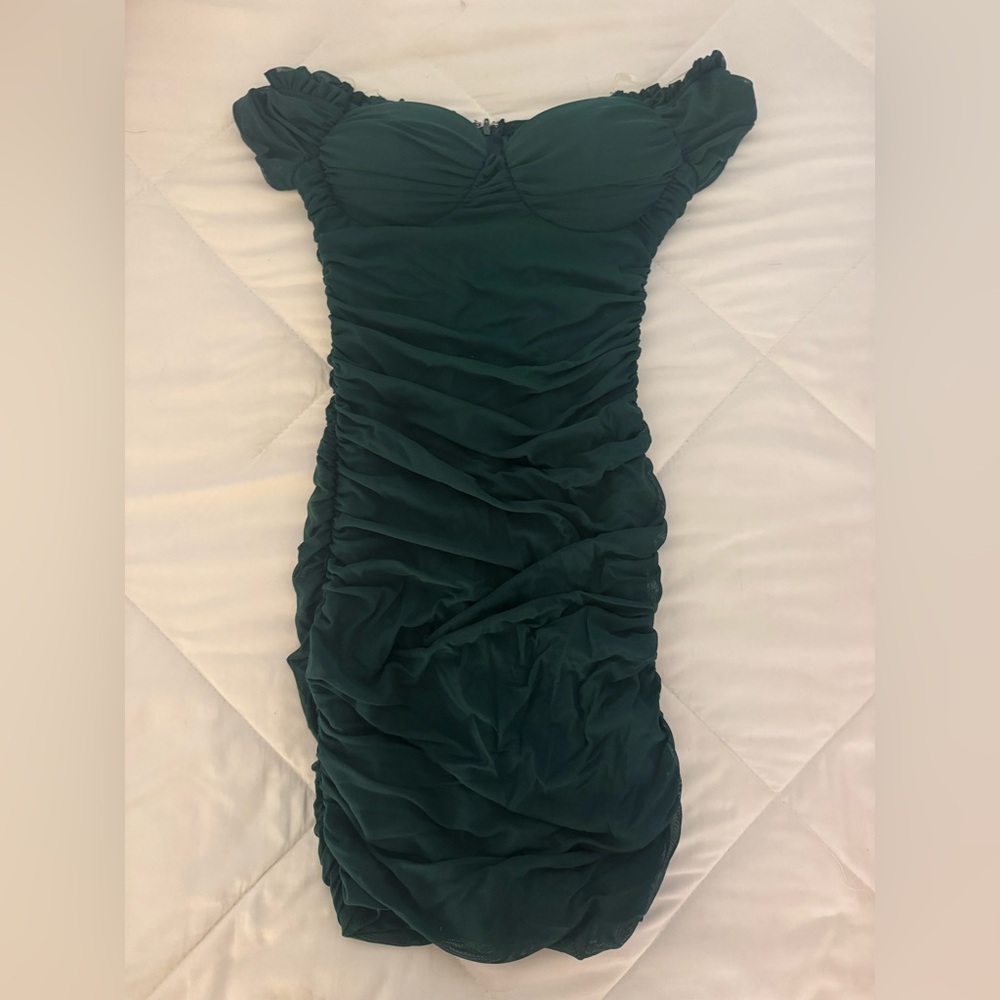 Windsor Dark Green Off-Shoulder Mini Dress